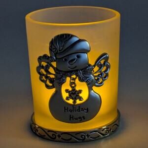 Angel Snowman Holiday Votive Candle Holder Gift Frosted Glass Metal Christmas